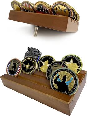 Sz0831 Decowoodo Challenge Coin Holder Display Case - 4 Row Solid Wood Military Rack Walnut