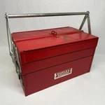 Vintage Red Duplex Metal Toolbox With Cantilever Fold Out Shelves - No. 0214. Fixed Price $90.20.