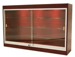 Cherry Wall Mounted Display Showcase With Glass Doors, Shelves, Lights, & Lock. Fixed Price $427.00.