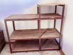 Vintage Industrial Steel & Wood Shelving Authentic Factory Display Fixture. Fixed Price $2000.00.