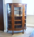 Antique Oak Curved Glass Display China Curio Cabinet, Bow Front, Mirror 1900'S. Fixed Price $375.00.