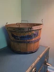 Vtg Blue Mountain Italian Prunes Staved Wood Basket Paper Label Wire Handle Read. Fixed Price $89.00.