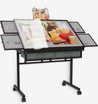 Puzzle Storage Tray W/ Image Holder, 2 Fabric & 4 Wood Drawers, Metal Wheels. Fixed Price $120.00.