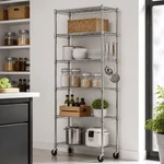 6 Tier Adjustable Wire Shelving Unit W/ Wheels Side Hooks Storage Rack Organizer. Fixed Price $63.00.