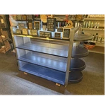 Retail Display Gondola Shelving Unit W/ Round Endcap Shelves, Casters, Cabinet. Fixed Price $400.00.