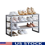 Three Tier Shoe Rack Organizer Holds Up 12 Pairs Rustic Wood & Steel Storage. Fixed Price $71.42.