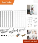 Adjustable Wire Wall Grid Panels Set: Includes Hooks, Shelf & Decorative Basket. Fixed Price $41.99.