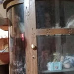 Curved Glass Front Brown Wood Display Cabinet W/ Door, Freestanding 60. Fixed Price $67.50.