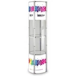 81.1IN Portable Round Twist Display Counter W/ Shelves, Light, Magnetic Panels. Fixed Price $399.57.