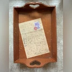 Cream Brown Storage Tray With Heart Handles. Fixed Price $7.00.
